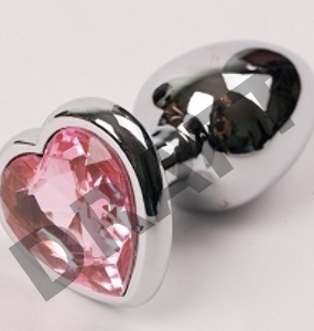 Серебристая анальная пробка с розовым стразиком-сердечком - 9 см.