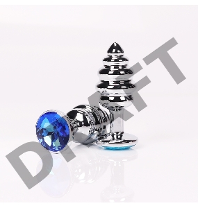 Серебристая фигурная анальная пробка с синим кристаллом - 7,6 см.