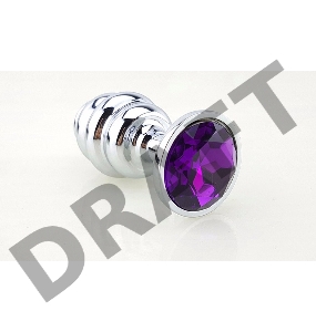 Серебристая фигурная анальная пробка с фиолетовым кристаллом - 8 см.
